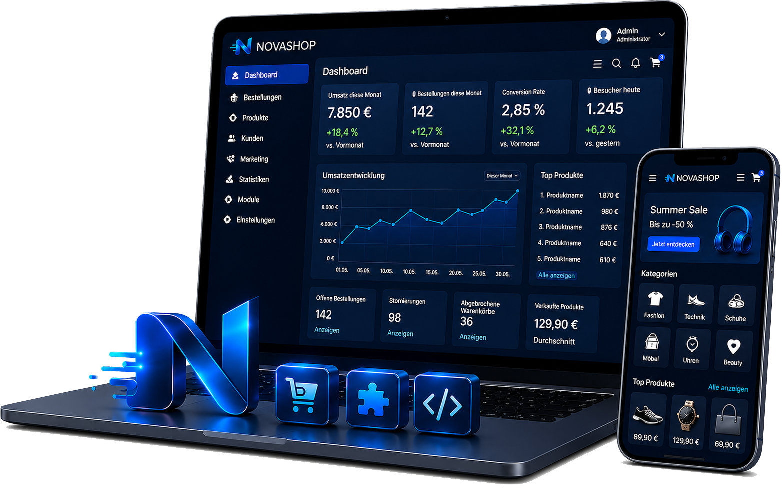 NovaShop Dashboard auf Laptop und Smartphone